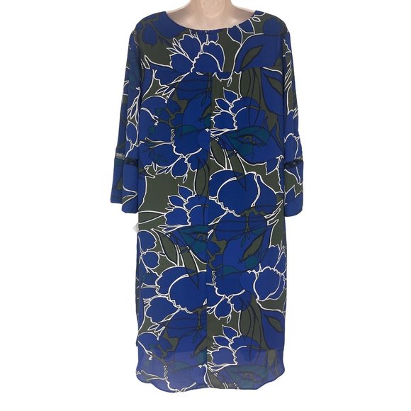 Size 0X 14/16 NEW FLORAL/LEAF PRINT SHIFT DRESS W/LACE TRIM Fall Evening PLUS SZ - Picture 3 of 4